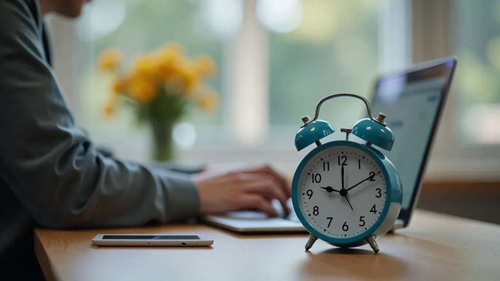 Digitālā kalendāra paraugs uz datora ekrāna ar krāsainiem laika blokiem, biroja vidē